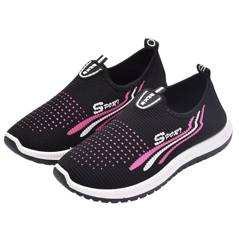 Dames mesh platte schoenen met katoenen casual wandelstrepen sneakers loafers zachte schoenen ronde neus platte schoenen met damesschoenen: Zwart / 9