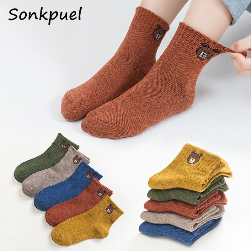 Chaussettes antidérapantes en coton pour enfants, 5 paires/lot, pour garçons et filles, automne et hiver, motif ours de dessin animé, qui gardent la chaleur au sol, 2022