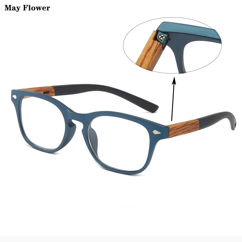 Retro Houtnerf Leesbril Mannen Vrouwen Onbreekbare Vierkante Volledige Rand Vergrotende Presbyopische Bril Blauw + 150 250: Blauw / +400