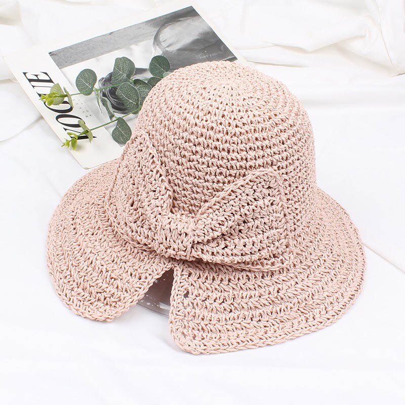 Zomer Womens Caps Retro Geweven Boog Solid Opvouwbare Zonnescherm Cap Emmer Strand Casual Hoeden: P