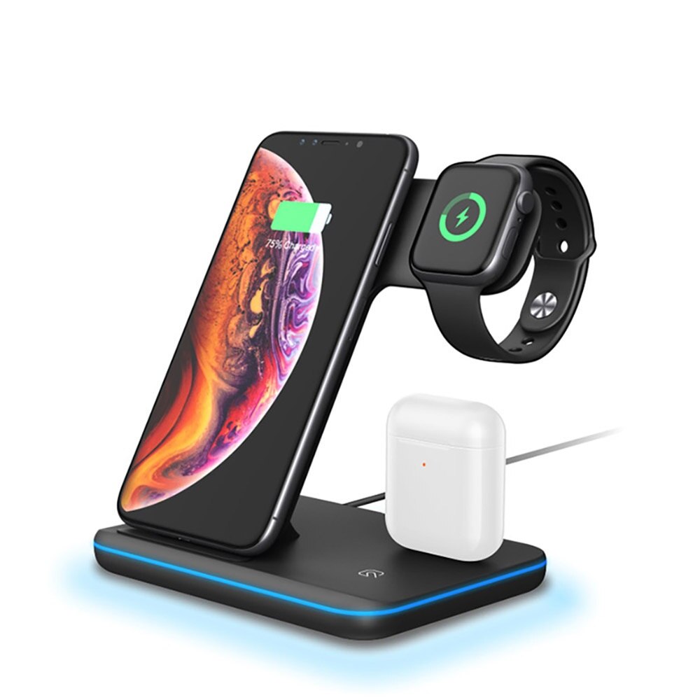 FDGAO 15W Qi Fast Wireless Charger Stand For iPhone 11 Pro XS XR 8 X 3 in 1 Charging Dock for Apple Watch 5 4 3 2 1 Airpods Pro: Black