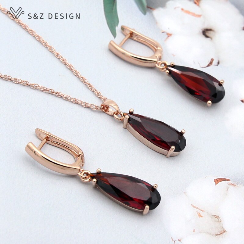 S &amp; Z 6 Kleur Lange Water Dangle Zirkoon Oorbellen Sieraden Set 585 Rose Goud Kleur Voor Vrouwen Koreaanse fijne Wedding Party Sieraden: RG red