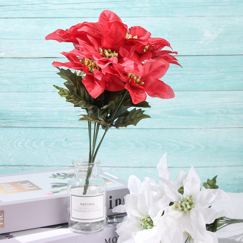 7 Heads/bunch Artificial Christmas Flowers Real Touch Flannel Red Poinsettia Bushes Bouquets Xmas Tree Ornaments Centerpiece