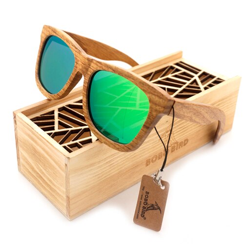 BOBO oiseau lunettes de soleil femmes hommes à la main Nature en bois lunettes de soleil polarisées avec boîte en bois AG007: Green Lens