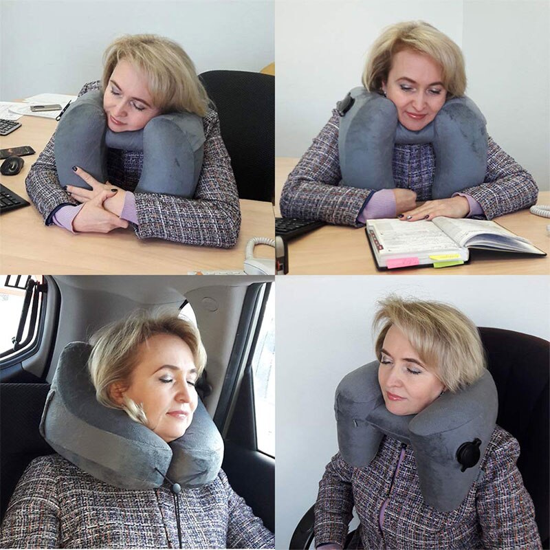 Descanso de viagem leve dobrável h-forma inflável com chapéu almofada de dormir para avião assento de carro escritório nap pescoço travesseiros