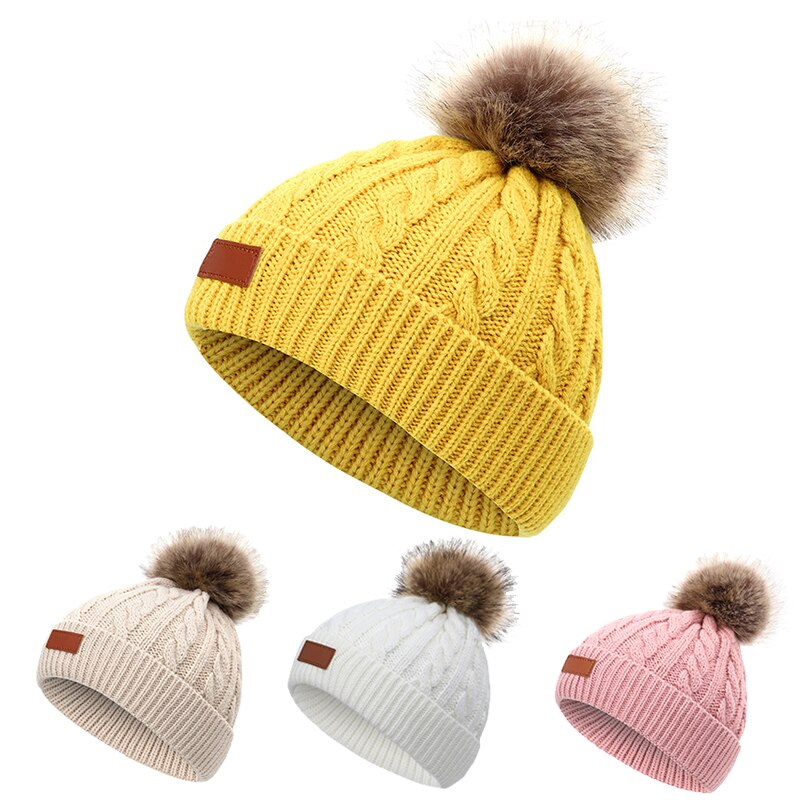 Cappello invernale da bambino berretto caldo lavorato a maglia spesso cappelli pompon carini per ragazzi ragazze cappellino tinta unita per bambini