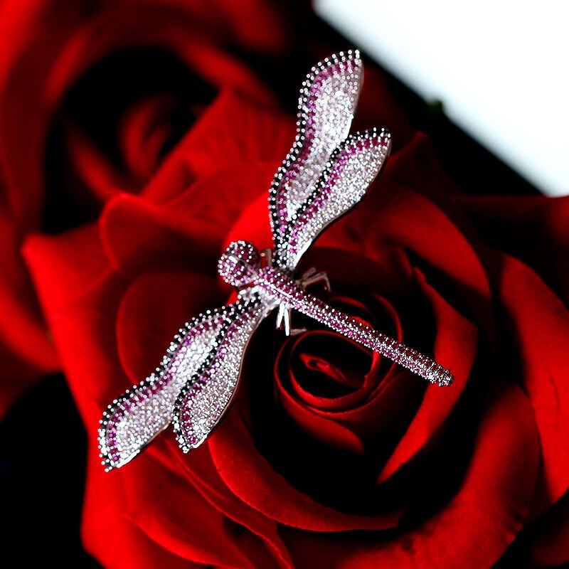 RED TREES Dragonfly Brooch - Women's Elegant Insect Pin Jewelry - White Gold & Zircon - 6.8cm