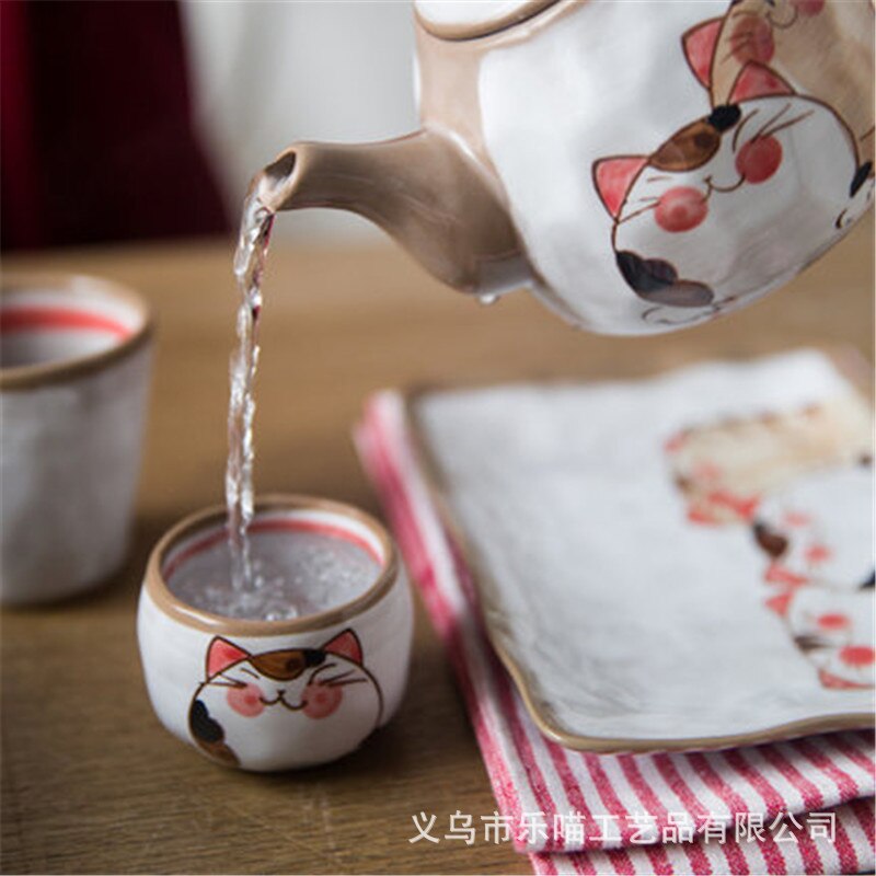 Japanese Style Hand Painted Cute Cat Teapot Ceramic Household Teacup Porcelain Office Kettle Kung Fu Drinkware Tea Set
