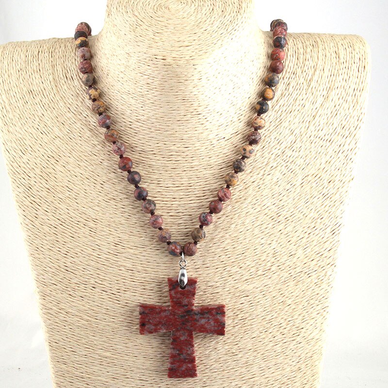 Semi Precious Stones Beads Statement Necklaces long Knotted Beads Cross Necklace