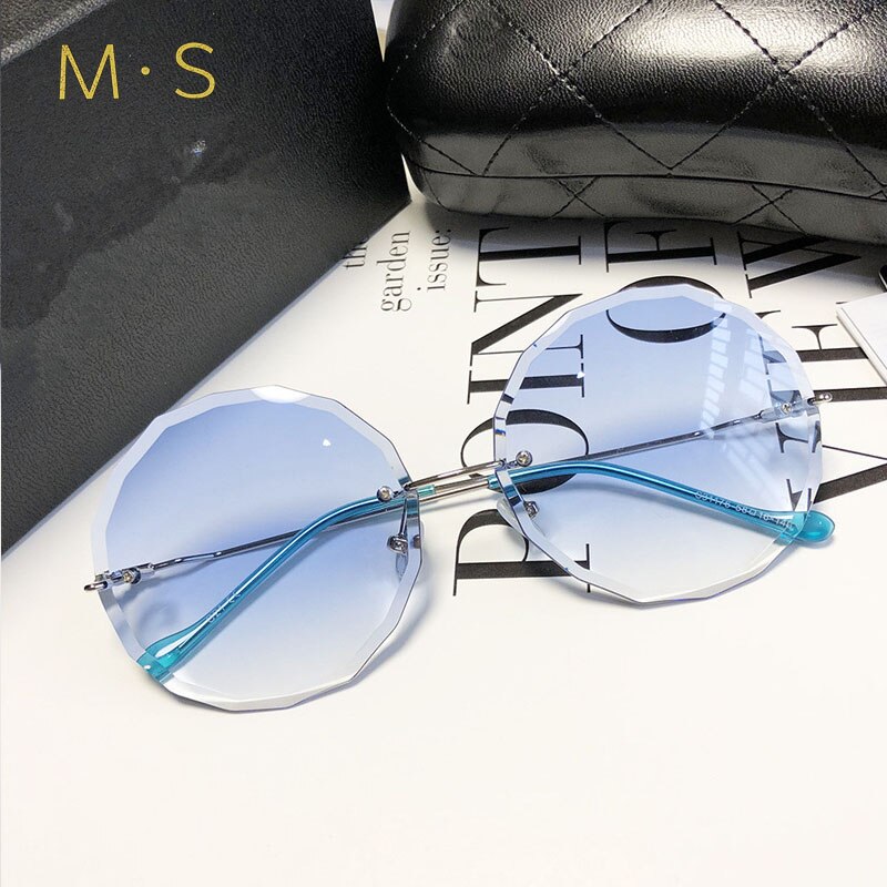 round sunglasses women oversized eyewear gradient brown pink rimless sun glasses for female uv400: C03