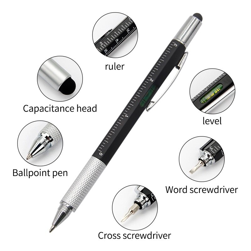 6 In 1 Multi Tool Pen Multifunction Screwdriver Precision Ruler Caliper Ballpoint Pens for Phone Touch Creativity Level Meter