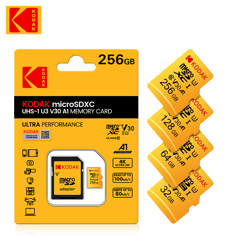 Oryginalny Kodak U3 A1 V30 MicroSD 128 GB 32 GB 64 GB 256 GB Klasa 10 Karty 32 64 128 256 GB Karta pamięci telefonu wideo