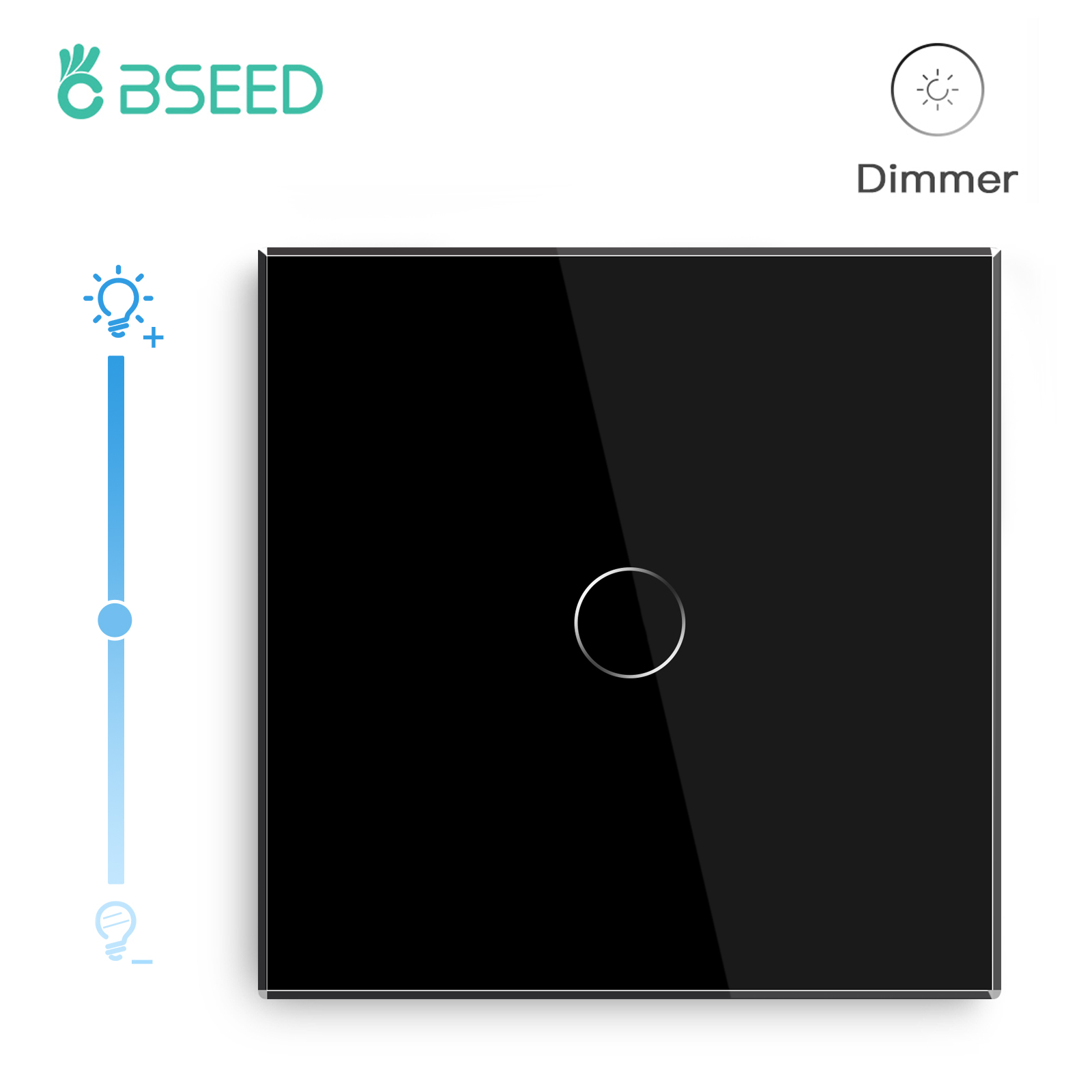 BSEED Dimmer-Lichtschalter, 1 Gang, 1-Wege-LED-Dimmer, 220 V, Wand-Touch-Lichtschalter, Kristallglasscheibe, blaue Hintergrundbeleuchtung, Speicherfunktion: schwarz