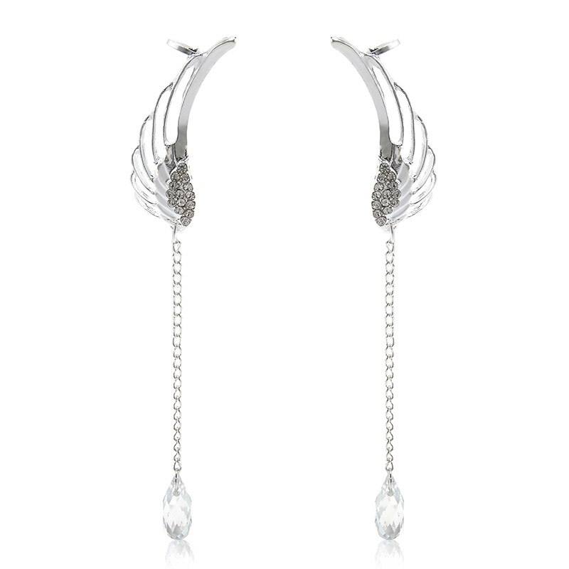 YOYORan 1 Pair crystal wing water clip earring for woman fear cuff feather long chain bead charm clip earring ear cuff jewelry: Default Title