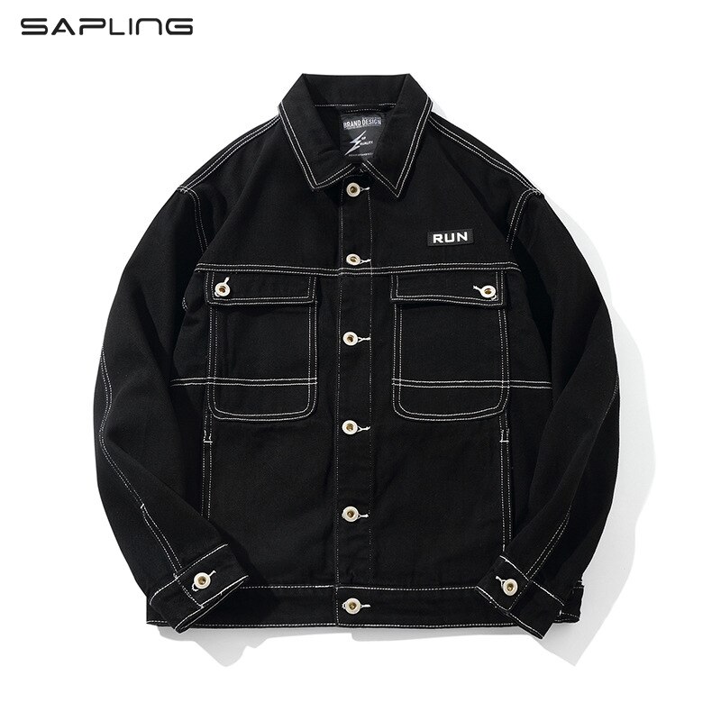 Korean Jean Jacket Men's Hip Hop Harajuku Black Contrast Stitch Men Denim Jacket Multi Pockets Button Up Mens Jean Coat