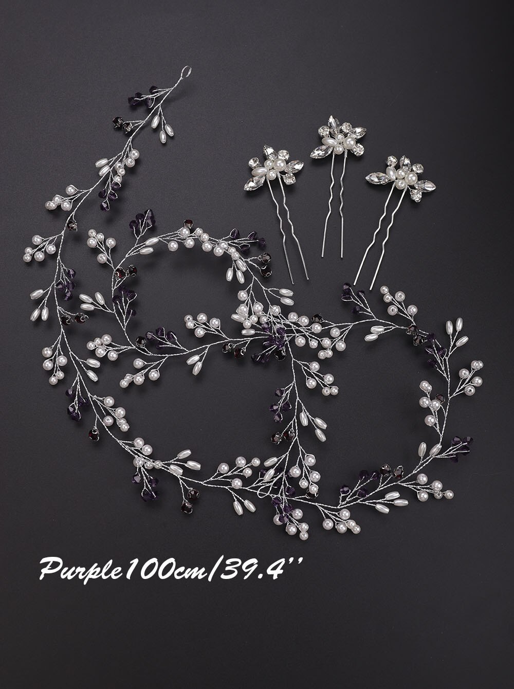 Enredadera para el cabello de perlas con diamantes de imitación para mujer, diadema nupcial larga, accesorios para el cabello para novia y dama de honor (100cm/39,3 pulgadas): Morado