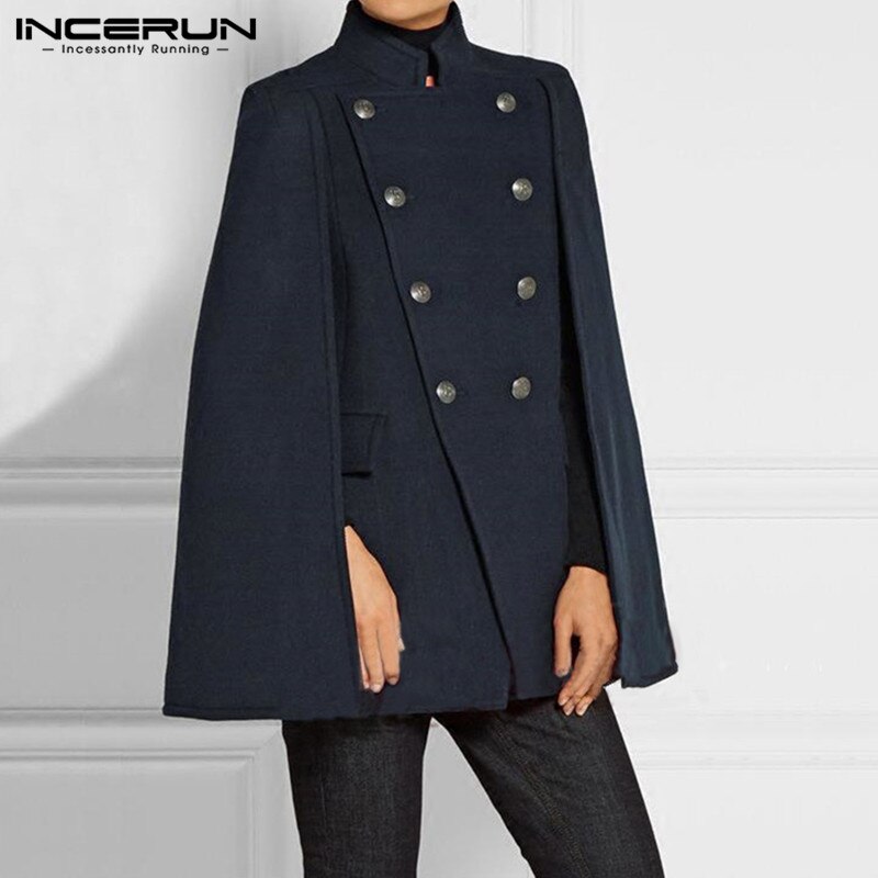 Men Cloak Coats Solid Color Double Breasted Trench Faux Fleece Blends Cape Stand Collar Mens Jackets Streetwear INCERUN
