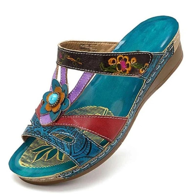 Sandales à talons pour femmes, pantoufles ethniques à fleurs, chaussures d'été décontractées, chaussures de plage, tongs, chaussures femme à plateforme