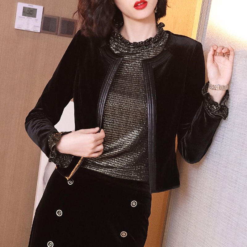 Black Velvet Small Short Style Jacket Women 2022 Spring Long-sleeved Cardigan Top O Neck Solid