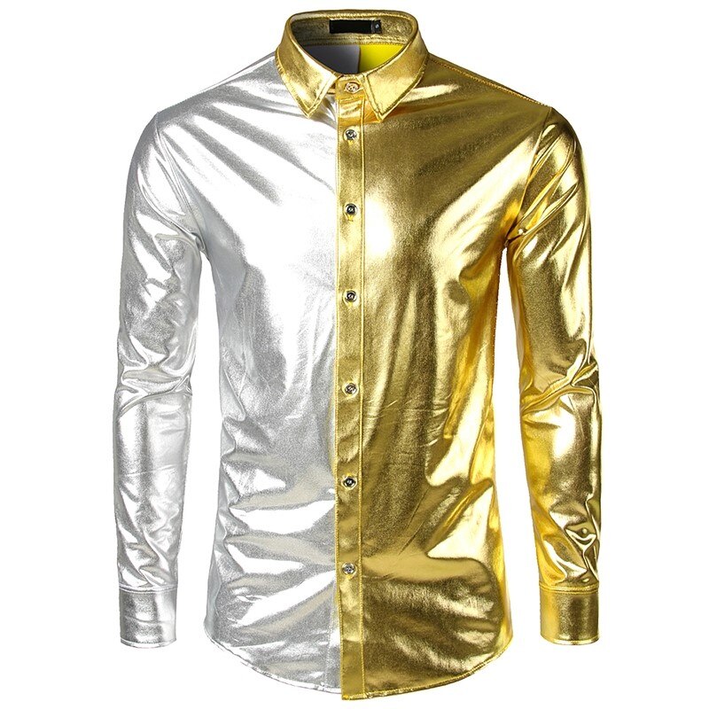 Natklub patchwork disco dance toppe mærke skjorte guld sliver kostume fest herre metallisk skinnende slim klubtøj