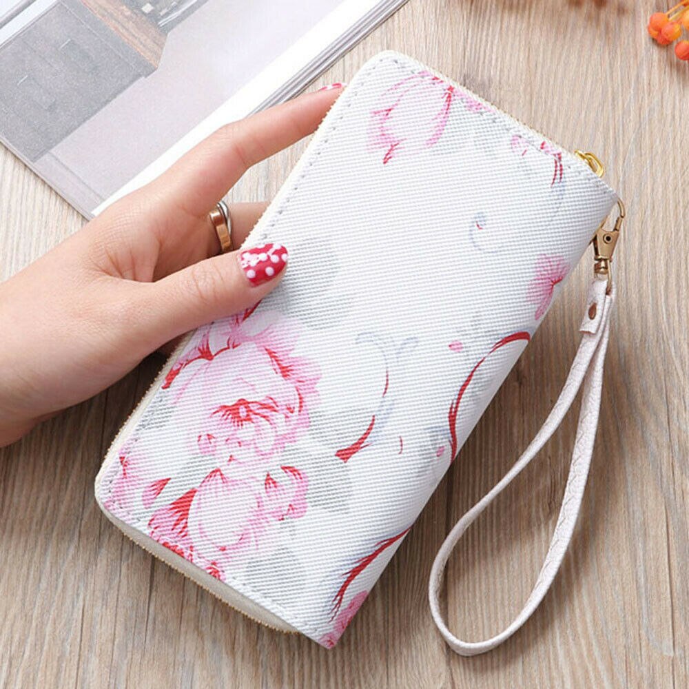 Vrouwen Lederen Dames Elegante Rose Gedrukt Portemonnee Lange Dubbele Rits Portemonnee Kaarthouder Case Clutch Telefoon Portefeuilles: Rose Red