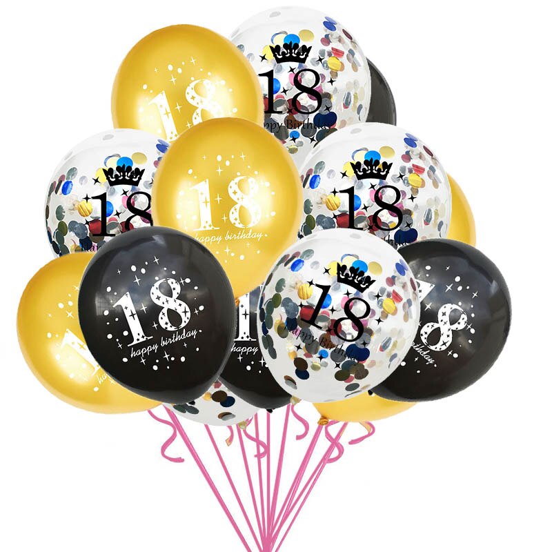 15pcs/set 18th Happy Birthday Balloon Decor Gold Silver Confetti Latex Balloons for 18 Year Old Birthday Celebrate Decoration
