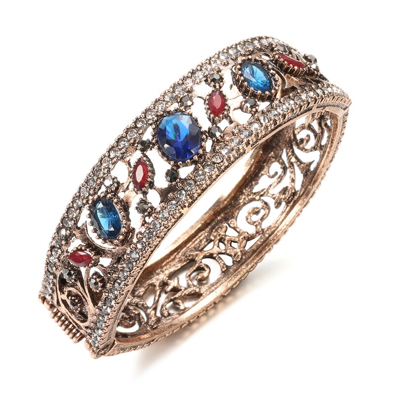 Kinel Vintage Turkse Armbanden Ronde Resin Manchet Armbanden Voor Vrouwen Antiek Goud Kleur Banquent Sieraden Dames Favoriete: Blue