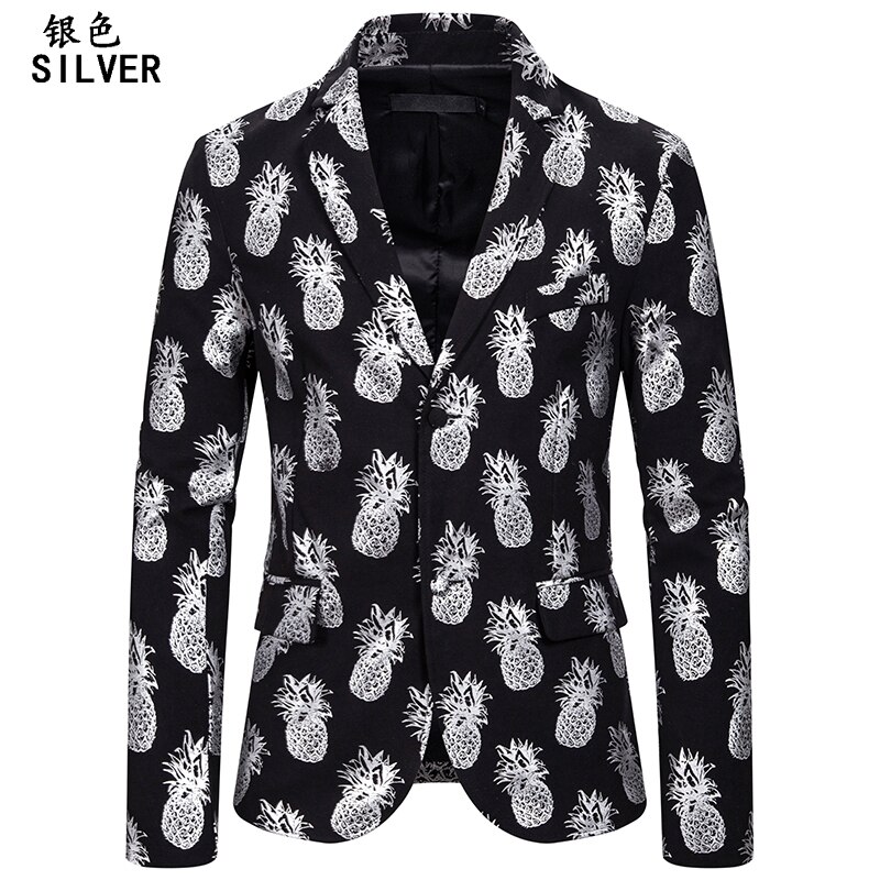 Mens Party Blazer Gouden Ananas Print Blazers Mens Slim Fit 2 Knop Pak Jas Mannelijke Bruiloft Prom Stage Kostuum homme: Siliver / US Size XXL