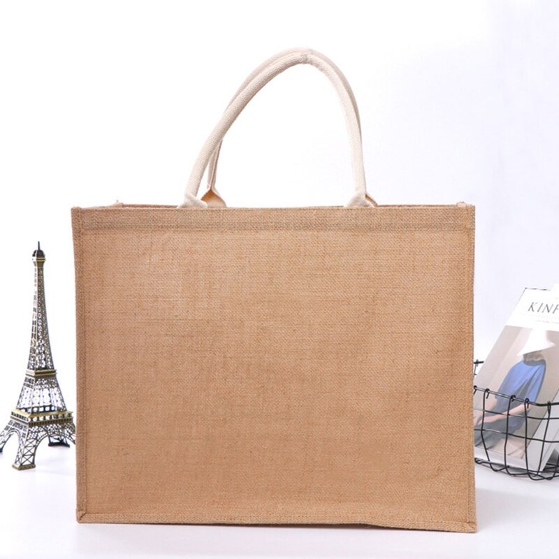 Bolso de compras de yute reutilizable Unisex, bolsa ecológica de gran capacidad, de arpillera para compras, vacaciones, playa, Picnic