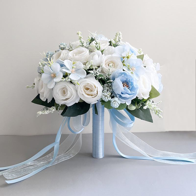 Blue Peonies White Roses Bride Bouquet Buttonhole Boutonniere Wedding Accessories Bridal Bridesmaids Marriage Artificial Flowers: Blue