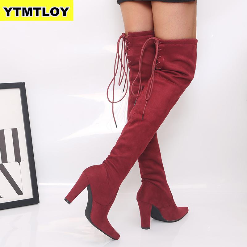 Taille 35-43 nouvelles chaussures femmes bottes noir sur le genou Sexy femme automne hiver dame cuisse haute cuisse bottes rouges