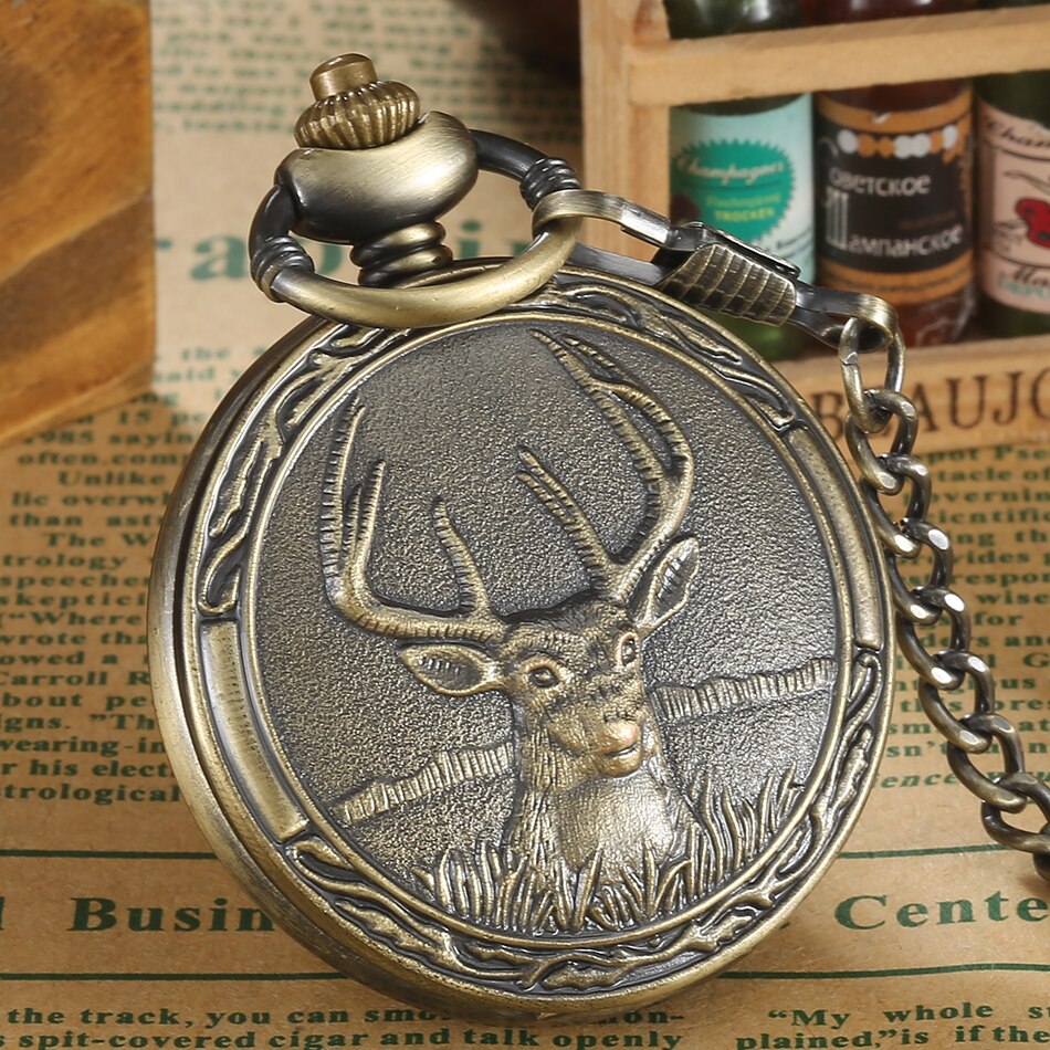 Vintage Quartz Pocket FOB Watch Antique Deer With Pendant Necklace Bronze Boys Pocket Watch Chain For Men Relogio De Bolso