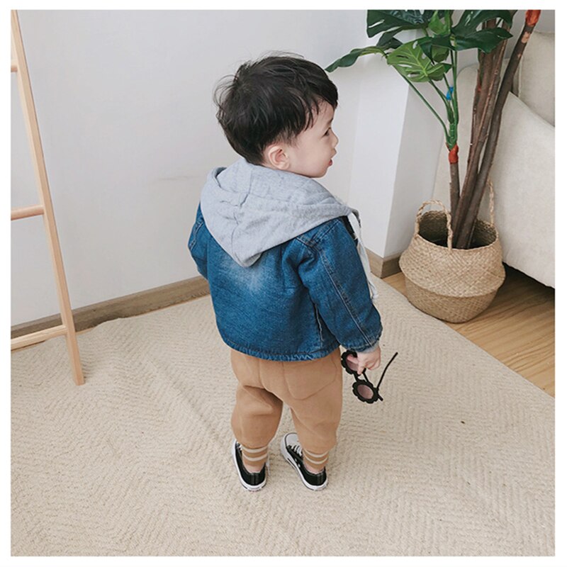 SFC-254 Kinderen Baby Jongens En Kinderen Winter Bovenkleding Donkerblauw Pluche Jean Bleack Capuchon Jas