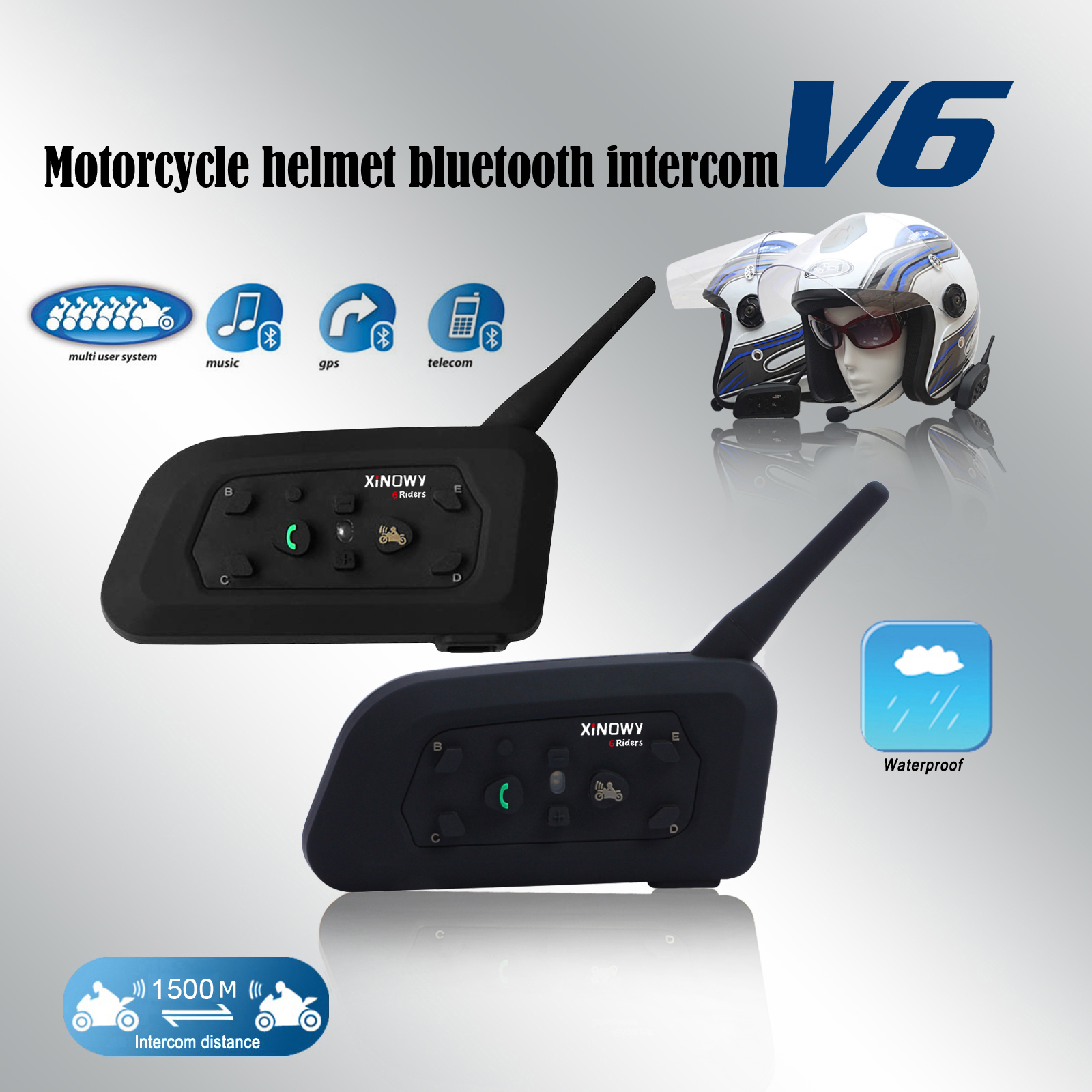 V6 PLUS Motorcycle Helmet Intercom Bluetooth Headset 1500M for 6 Riders Full Duplex Communicator Waterproof Music Player