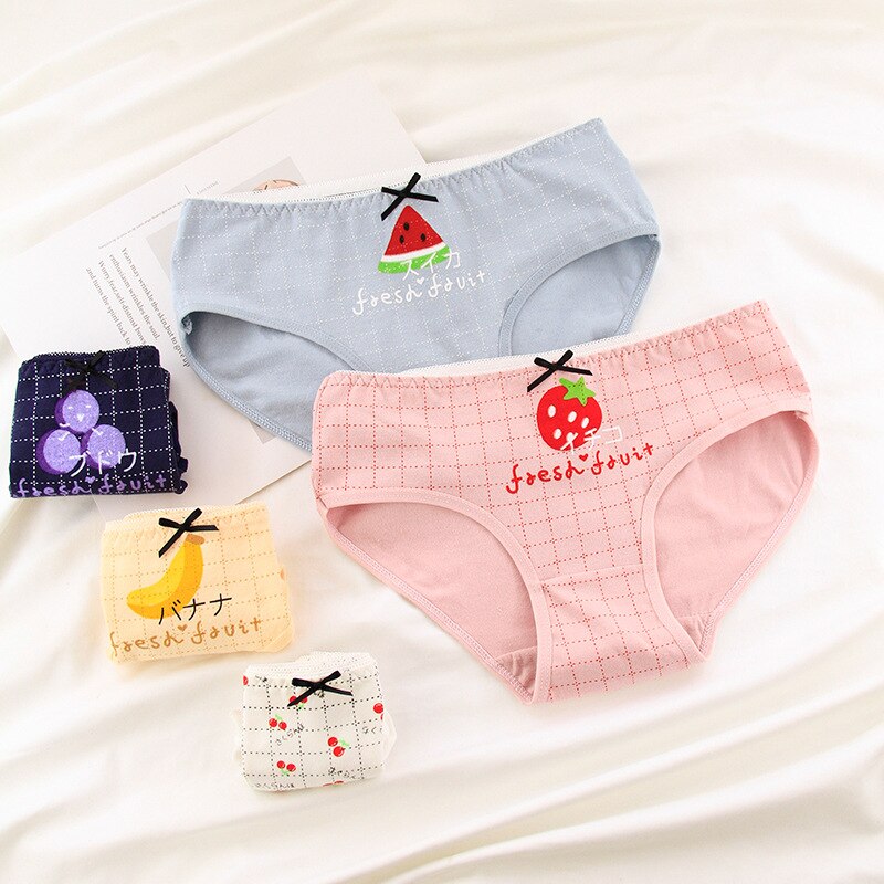 2/4 Sets Of Women's Cotton Underwear Fruit Pattern Bow Mid-Waist Comfortable And Breathable Youth Briefs: 1 / XL