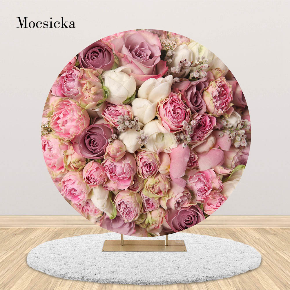 Mocsicka Round Circle Photography Backdrop Table Cover Pink Flower Wall Rose Wedding Background Decoration for Photo Studio Prop