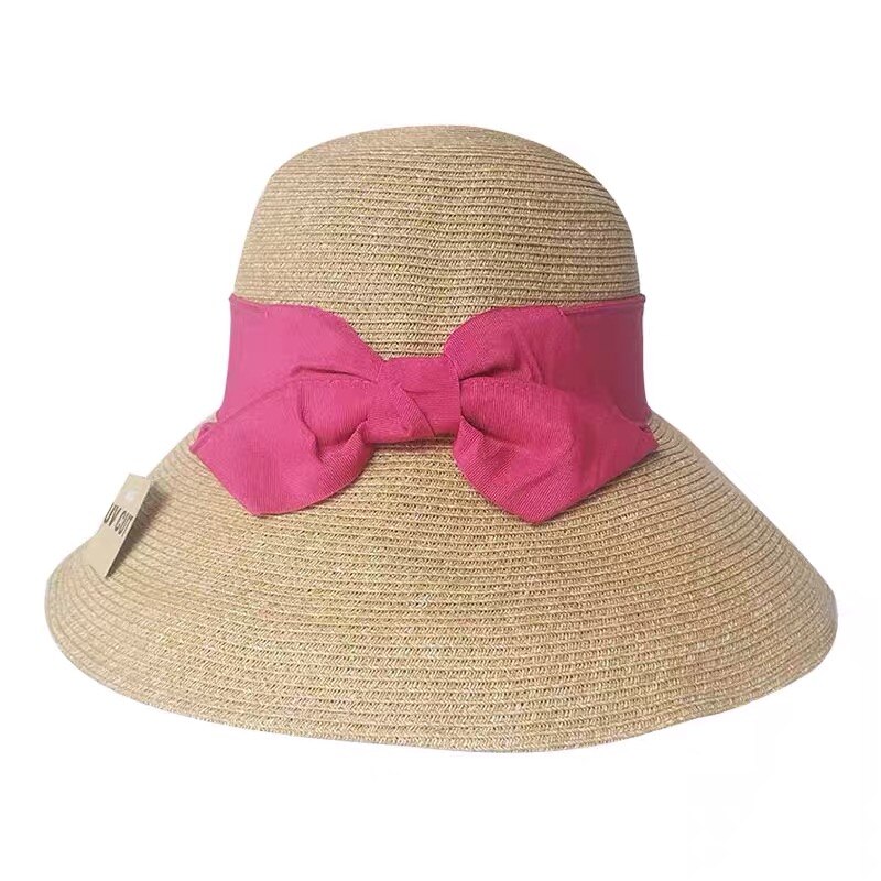 Zomer Strohoed Vrouwen Grote Wide Brim Strik Strand Zon Hoeden Opvouwbare Zonnebrandcrème Anti-Uv Panama Hoed Chapeu Feminino: Roze