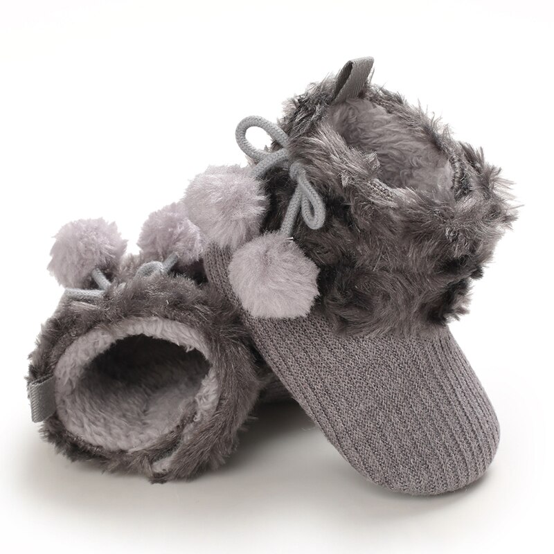 Toddler Baby Warm Winter First Walker Knitting Pompom Boots Solid Prewalker Anti-Slip Cotton Boots Children Crawling Shoes