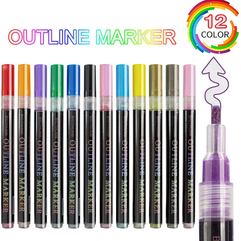 Rotuladores metálicos de contorno, juego de 24 bolígrafos de pintura mágicos de doble línea para niños y adultos, dibujo artístico, firma, diario para colorear: 12colors