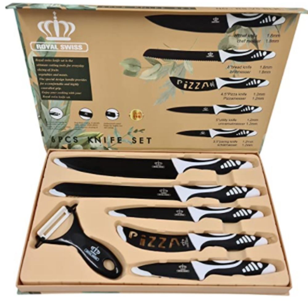Royal swiss juego de cuchillos de 6 piezas (5 piezas + cuchillo incluye pelador) en color negro