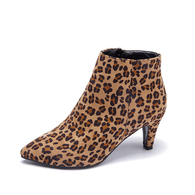 Bottines à bout pointu pour femmes, chaussures à talons hauts, fermeture éclair léopard, courtes, en peluche, décontractées, B037: leopard / 12