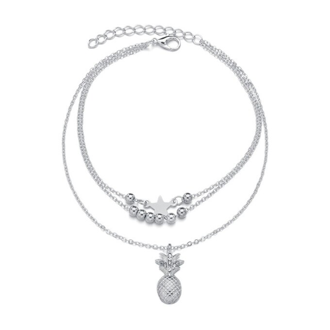 Ananas Anhänger Fußkettchen Böhmischen Perlen Knöchel Kette Sommer Strand Fuß Schmuck Stil Fußkettchen für Frauen: Silber-