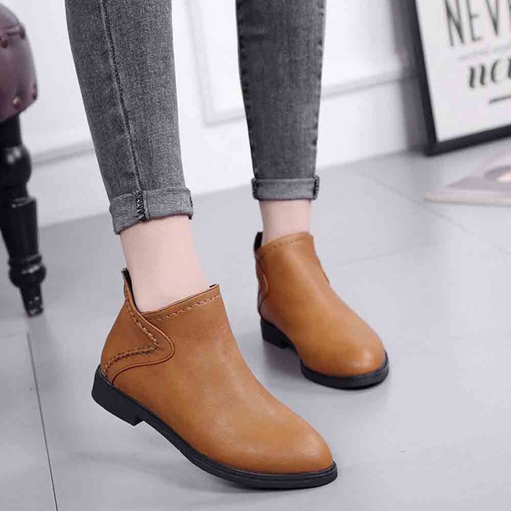 Bottes en cuir PU pour femmes, chaussures quotidiennes à talon carré, fermeture éclair, respirantes, confortables, à bout pointu, rétro, automne
