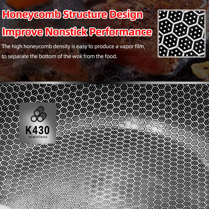 Honeycomb Handmade Stainless Steel Wok Set Nonstick Skillet Thick Wok Frying Pan Non-Stick Non Rusting Gas/Induction Cooker Pan