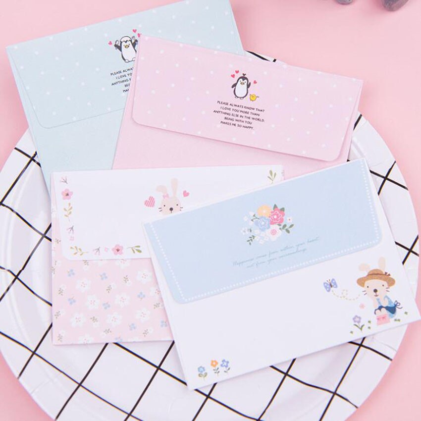 Mini 2Pcs Envelope + 4 Sheets Paper Letter Set Cute Cartoon Rabbit Penguin Envelopes Paper Letter Greeting Card Letter Pad