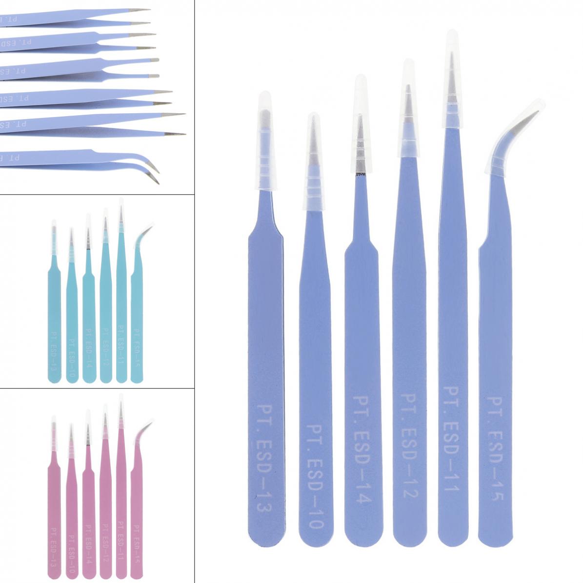 Juego de pinzas electrónicas de precisión, 6 unids/lote, juego de pinzas ESD de acero inoxidable Antiestático de 116mm-133mm para laboratorio de joyería artesanal