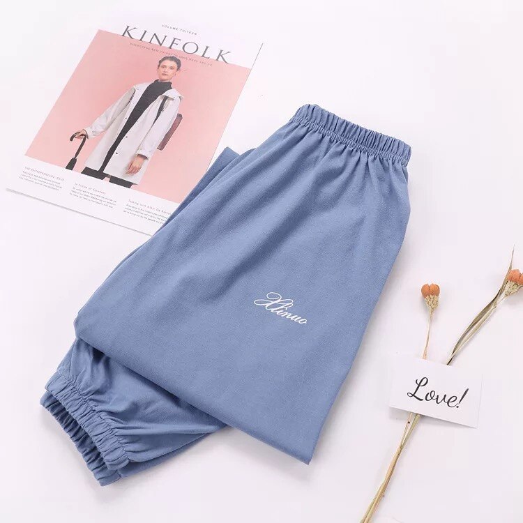 Tunna lösa plus size pyjamasbyxor 100%  bomull dam sovunderdel stickad bomull sommarbyxor dambyxor: Blå / M