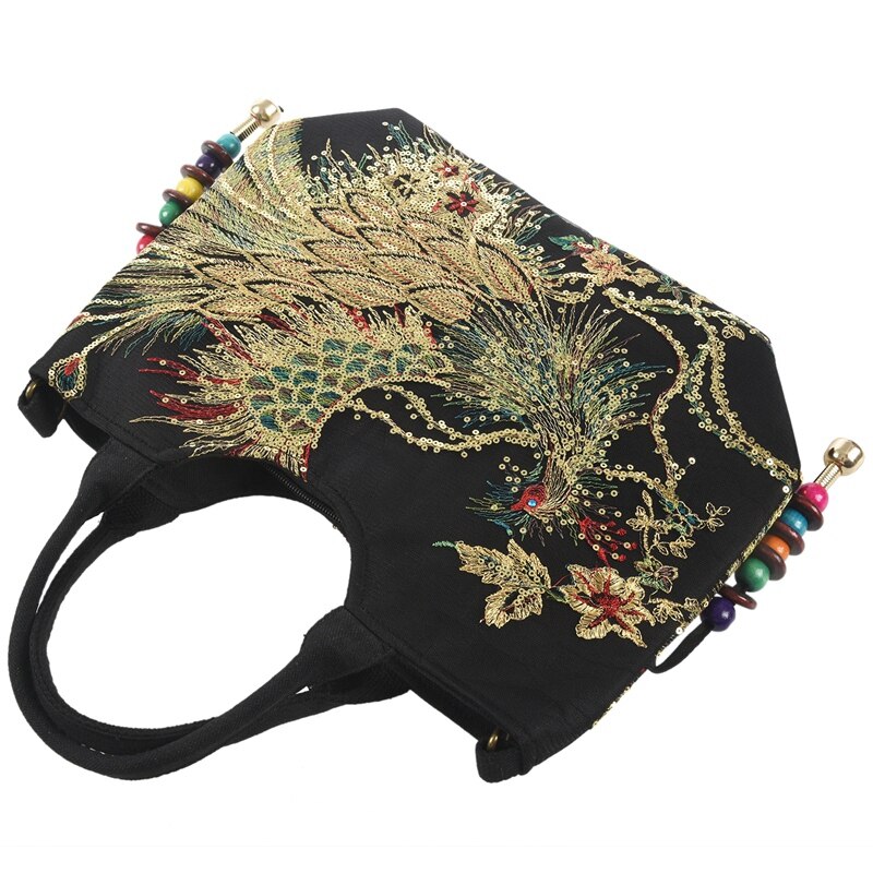 glänzend Pailletten Pfau Gestickte Frauen Leinwand Totes Tasche, Sommer Einkaufen Schulter Tasche Jahrgang Perlen Schnur Handtasche Schwarz