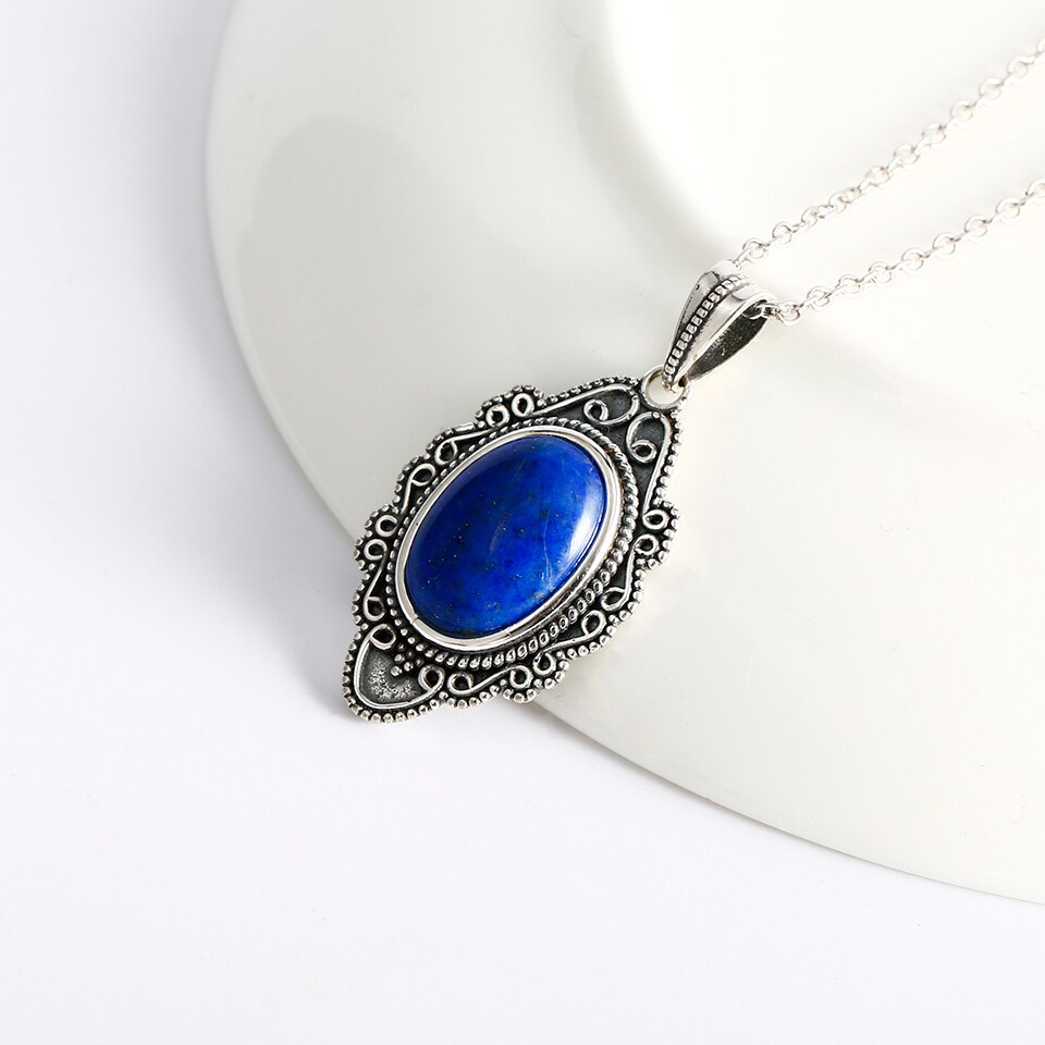 925 Sterling Silber Halskette Jahrgang Oval Lapis Anhänger Halskette Schmuck für Frauen Party Geburtstag Edlen Schmuck