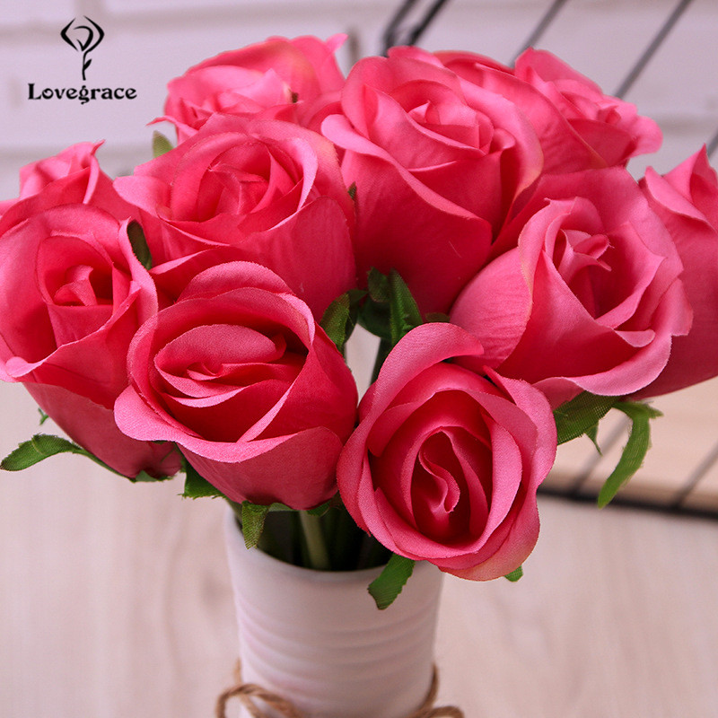 Lovegrace Rose Bouquet Flower Artificial Silk 12 Heads Rose Bridesmaid Hold Flower Bouquet Champagne Pink Home Wedding Decor: rose red